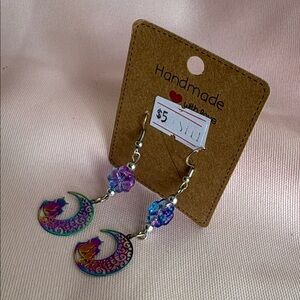 🟢 Colorful Filigree Crescent Moon Cat Flower Pendants Earrings